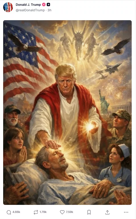 Трамп раскритиковал папу римского после его призыва к миру. Президент США выложил нейрослоп себя в образе святого исцелителя